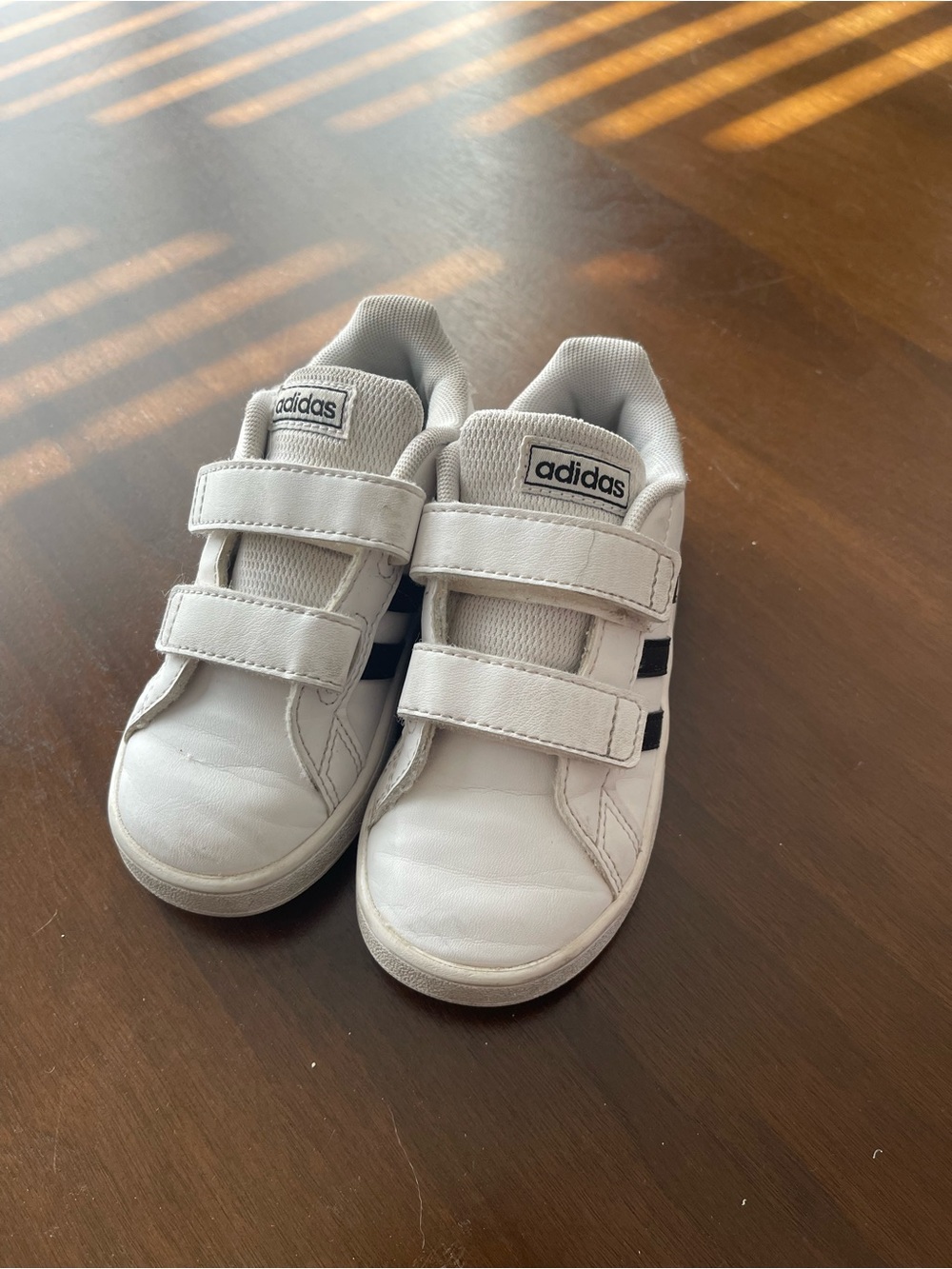 adidas Kids White Sneakers with Black Stripes Velcro